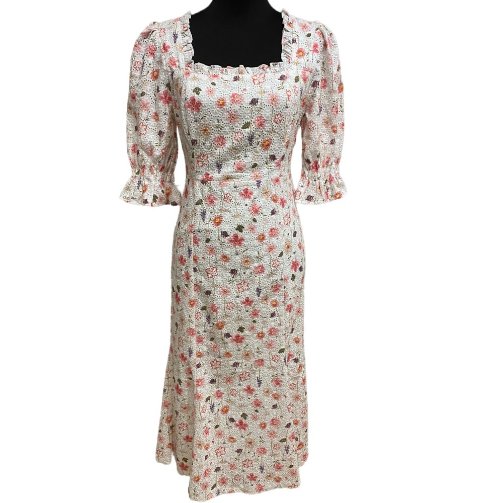 White eyelet floral midi ruffle dress